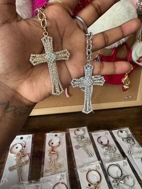 Rhinestone Cross Keychain - Gold or Silver